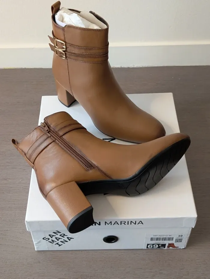 Bottines à talons San Marina en cuir camel - Taille 39 -

Neuf