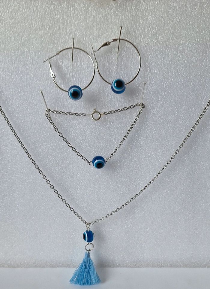 Ensemble bijou chaîne avec perles bleues – Collier, bracelet et boucles d’oreilles - photo numéro 2
