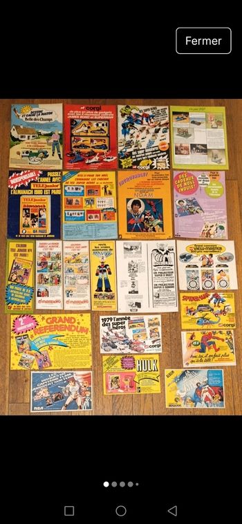 Lot de 21 anciennes publicités plastifiées Divers Goldorak Spiderman Vintage