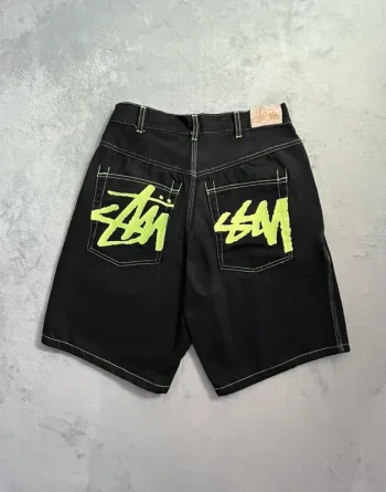 Short/Jort Stussy Black Embroidered Green Lime Big Logo Back – Taille M