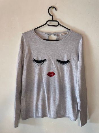 Pull léger gris Season 👄 Taille L – Sequins & détail nœud dos – Original & tendance