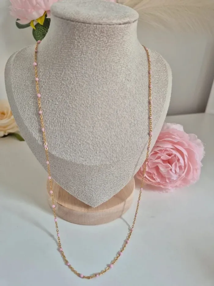 Parure de 2 bijoux : en acier inoxydable collier long et bracelet perles rose clair - photo numéro 2