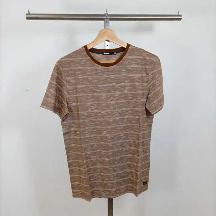 T-shirt Bizzbee rayé marron et beige col contrasté – neuf – taille M A1012