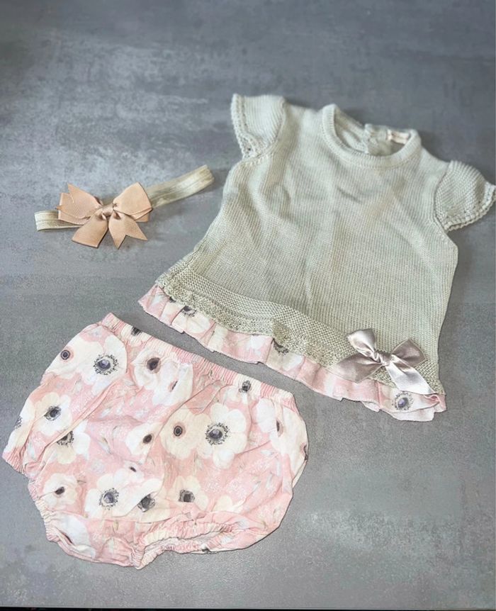 Ensemble été 12 mois laine Lola palacios t-shirt culotte bloomer bandeau à fleurs - photo numéro 4