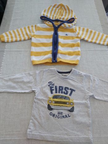 Lot vêtements 9 mois
Tee-shirt voiture mayoral manche longue gris impression jaune et gilet zippé marin blanc, bleu et jaune marque U tout petit