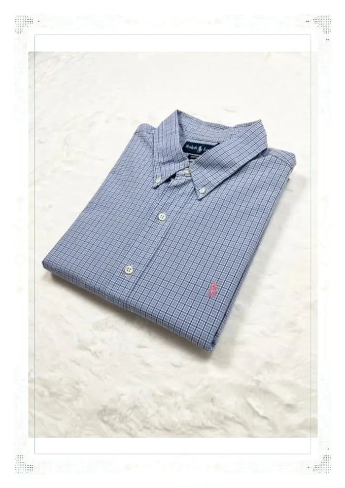 Ralph Lauren chemise à carreaux bleu logo rose coton homme XL