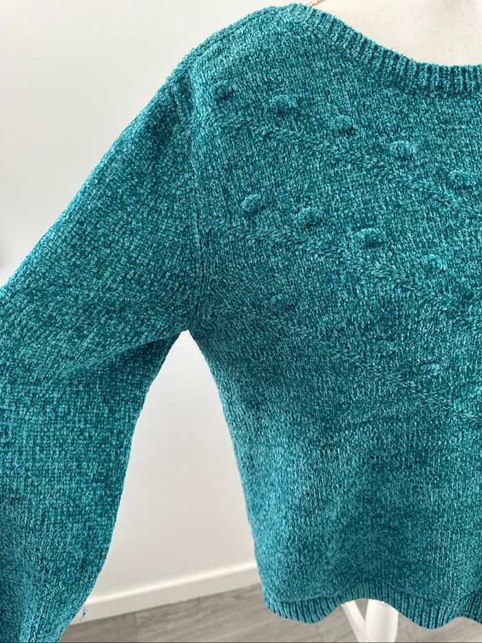 Pull en maille chenille bleu canard pailleté Vintage T42 XL - photo numéro 4