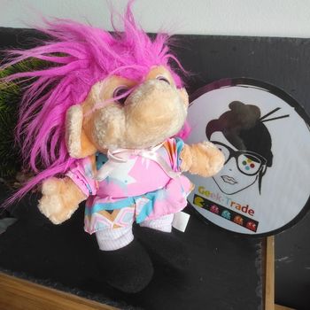 vintage Trolio Trolls  Peluche Troll Poupée 1992 rose robe Ancien Noeud Bleu