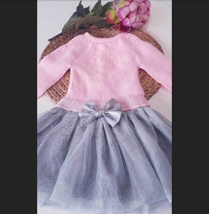Vêtement ensemble robe fleurie tricot fait main bébé fille 1 an - photo numéro 2