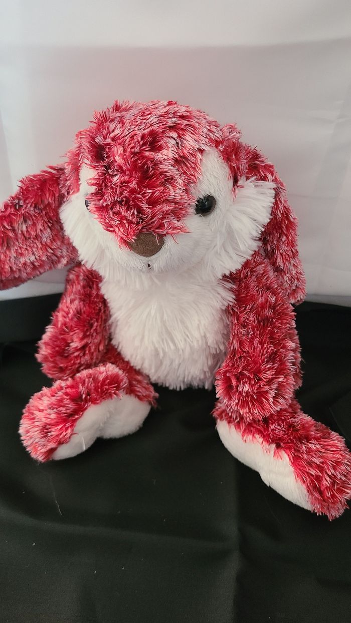 Doudou Peluche CMP Lapin Rouge Blanc Fourrure Nez Marron - photo numéro 2