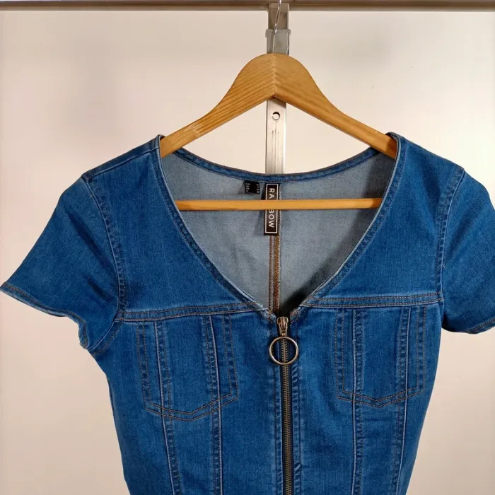 Robe courte en jean zippée devant col V manches courtes taille 34 FR XS - Rainbow A1409 - photo numéro 2