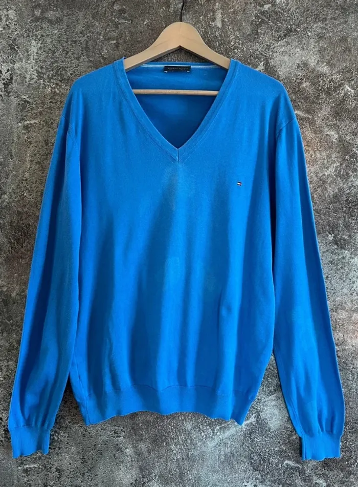Pull coton bleu homme col V Tommy Hilfiger taille XXL Jersey hombre Maglione uomo Herrenpullover
