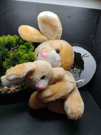 peluche lapin maman bébé marron beige blanc rose rayar ancien vintage Roux 