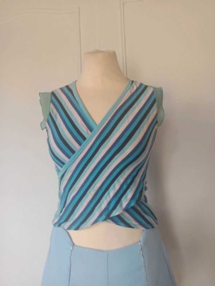 💎y2k top sexy femme de qualité t xs s extensible infroissable été bleu 90s 2000 - photo numéro 2