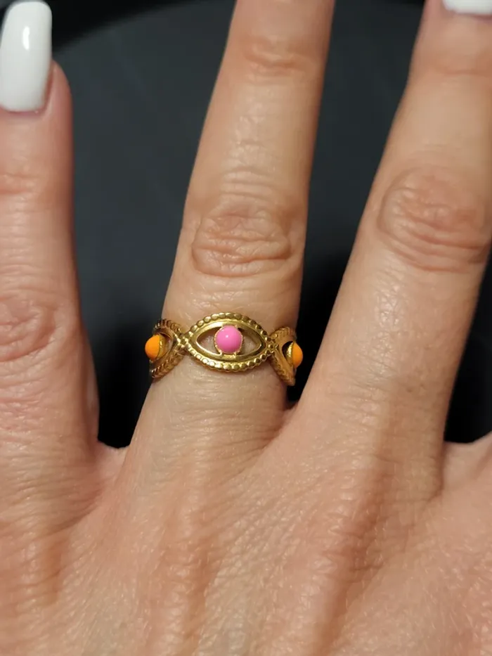 Bague ajustable acier inoxydable ovale et point rose et orange - photo numéro 3