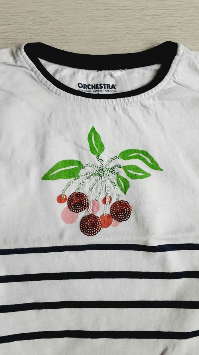 Vêtement fille tee-shirt manches courtes rayé motif cerises Orchestra 4 ans - photo numéro 2