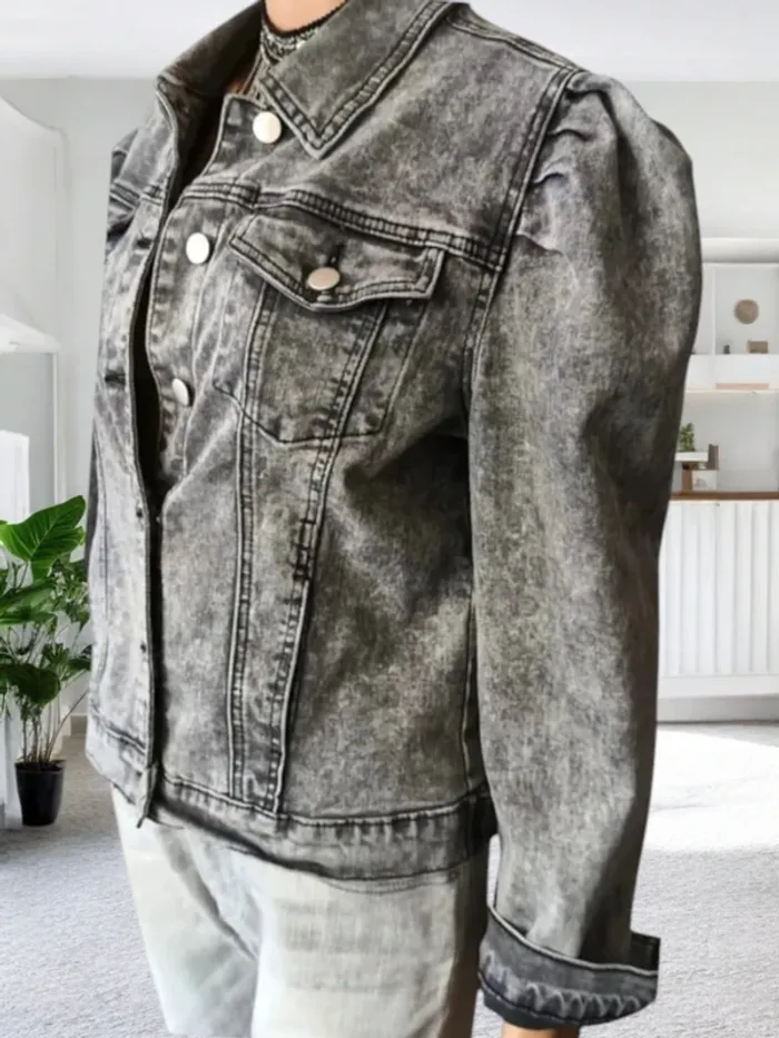 Veste jean Redial ,nuances de gris ,épaules froncés ,coupe droite , stretch - photo numéro 6