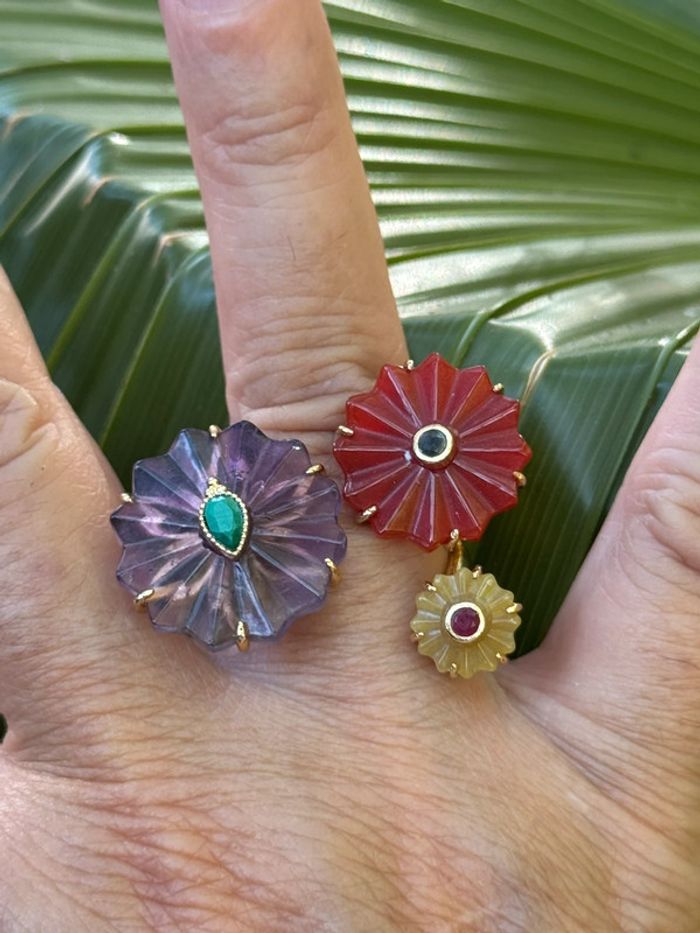 Sublime grande bague réglable habaha Paris fleurs pierres jaspe tournaline  améthyste