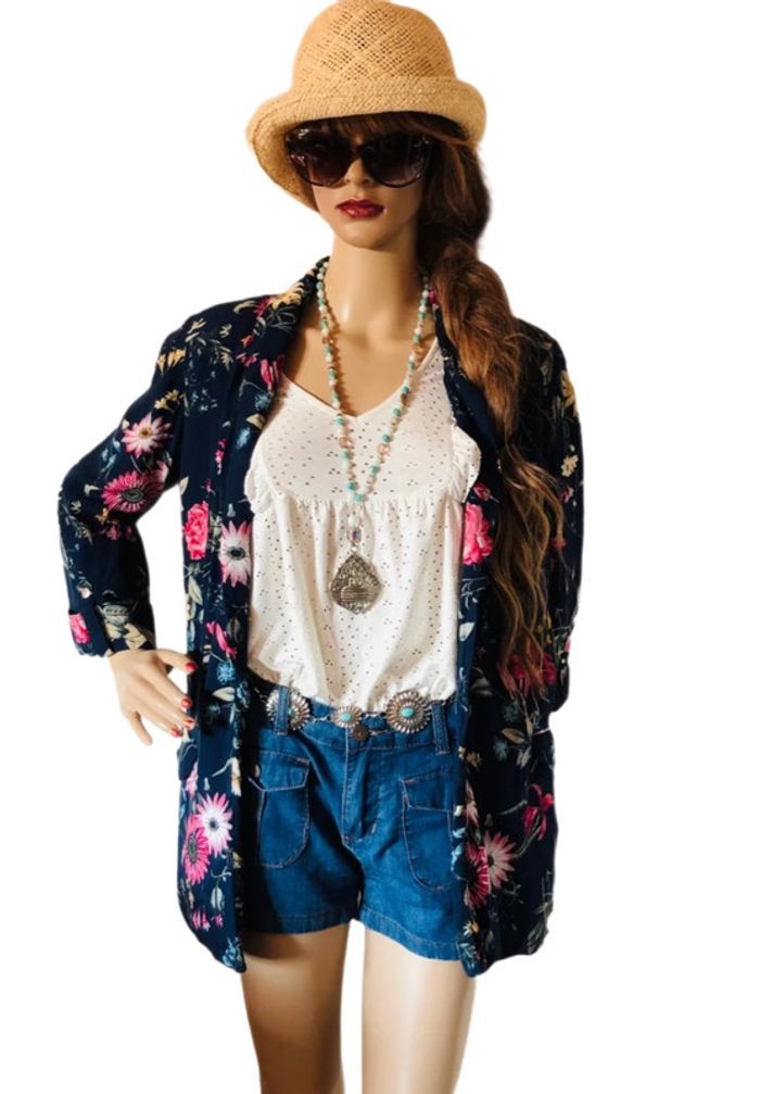 💙Joli blazer bohème marine fleuri multicolore🌸navy multicolored floral boho blazer💙 - photo numéro 10