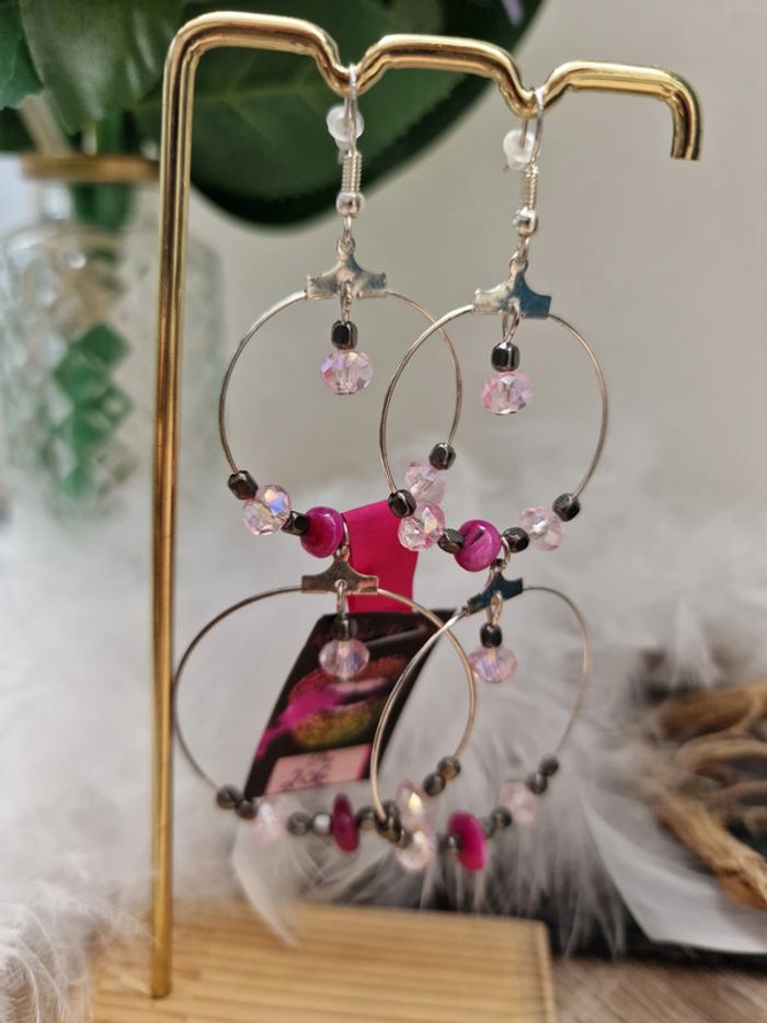Boucles D'oreilles Creoles Pendantes Argentées Perles De Verre Hematite Coquillages - photo numéro 3