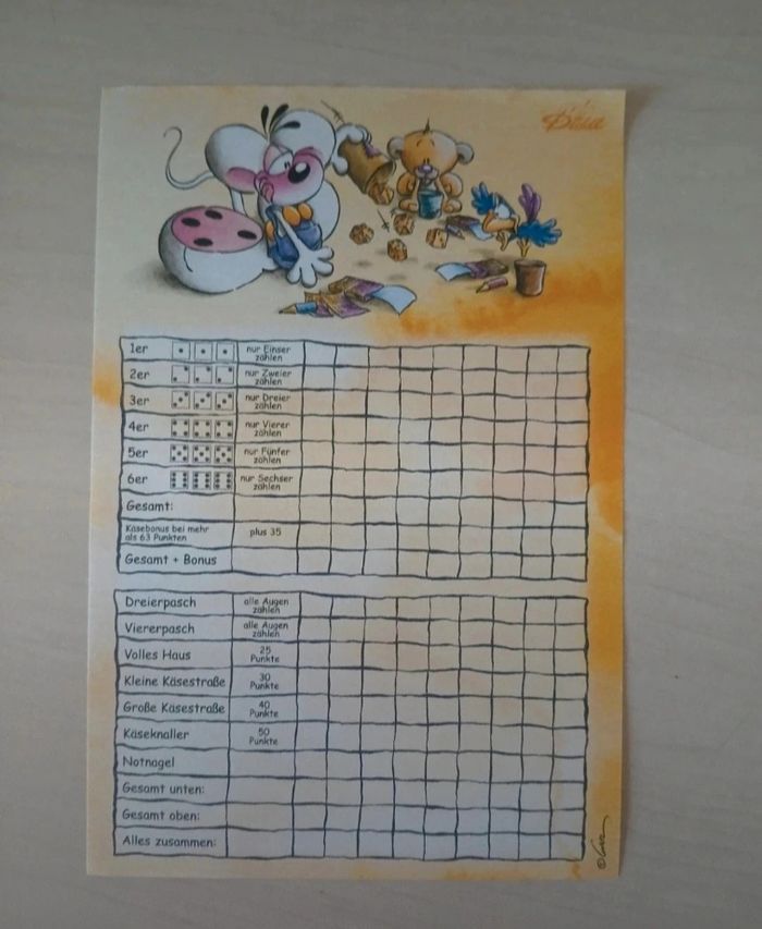 Diddl - Feuille A6 jeu "Yahtzee/Yams" - 0,20€