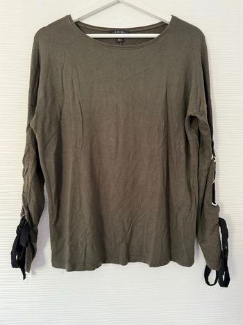 Pull fin t-shirt manches longues kaki uni basique avec noeuds sur les manches