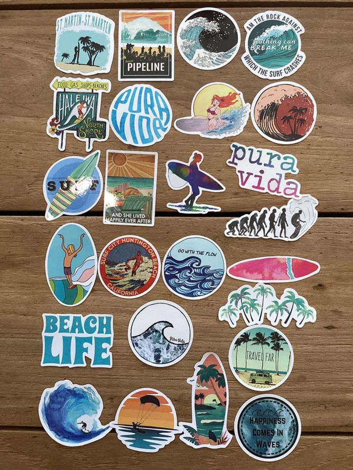 25 Stickers surf, vague, mer