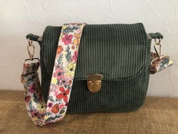 Sac bandoulière velours côtelé kaki anse réglable fleurie 