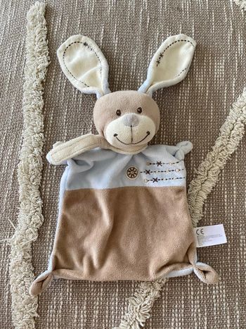 Peluche doudou plat 20cm Nicotoy lapin bleu et beige marron parfait état