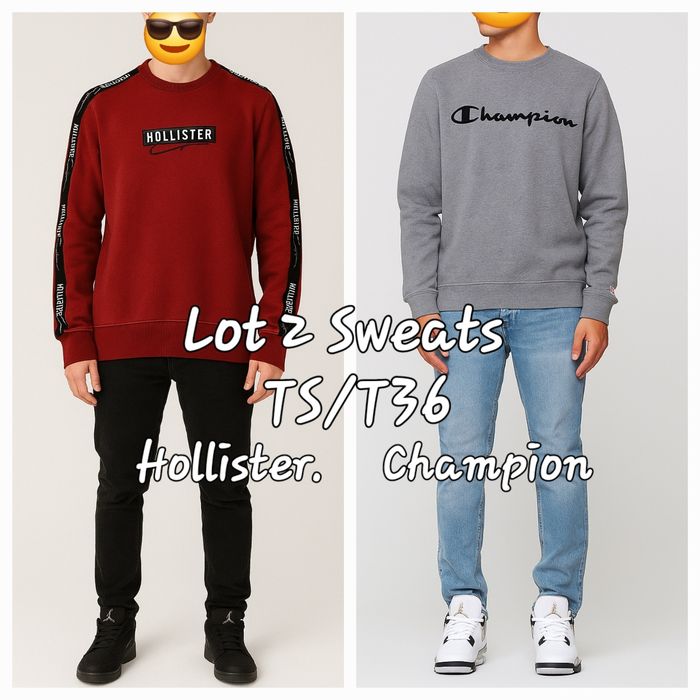 Lot 2 Sweats- TS/T36 - Sweat Gris Champion & Sweat Bordeaux Hollister en TBE