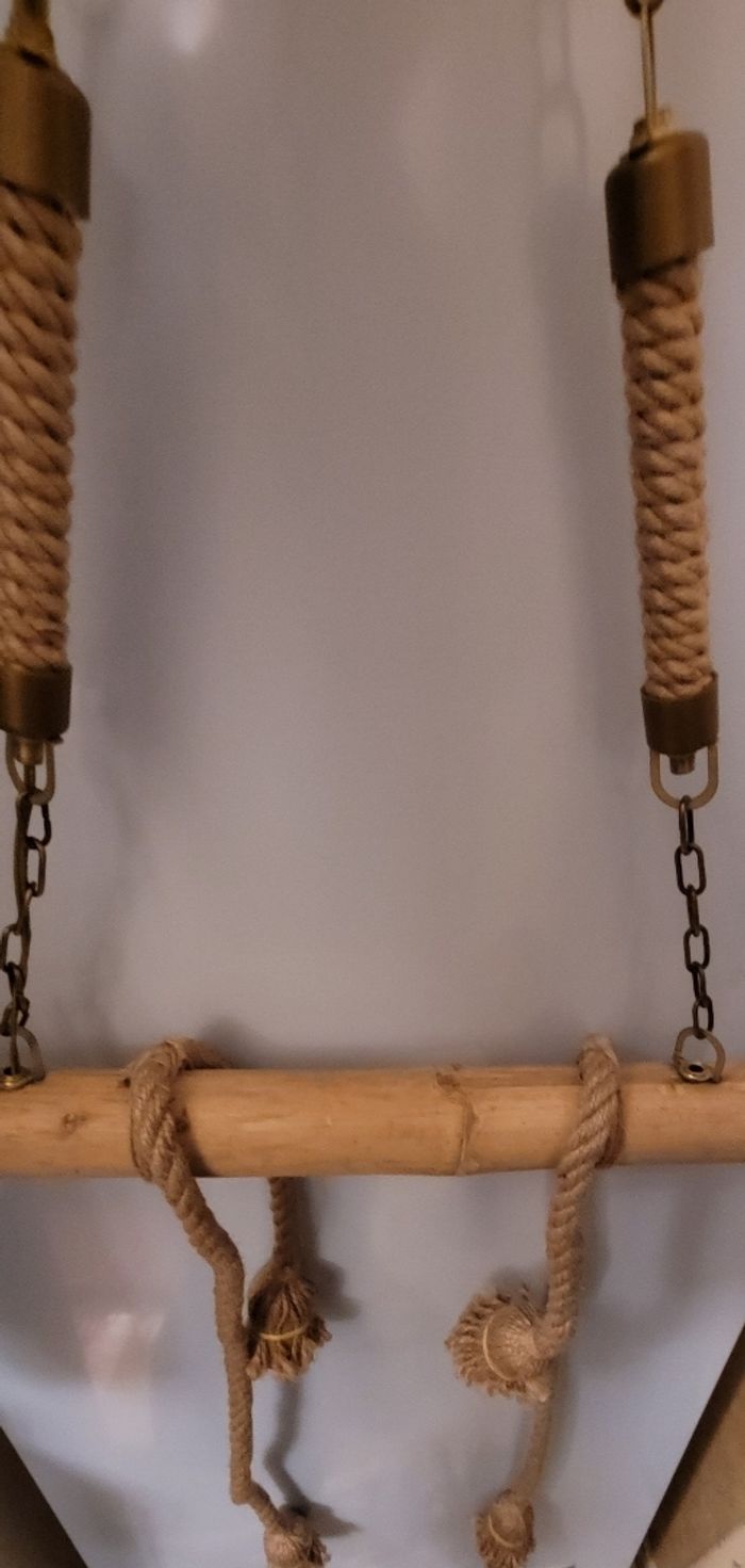 Lampe Suspension industrielle rétro à 4 lampes en corde chanvre et bois bambou pour salle à manger salon restaurant - photo numéro 2