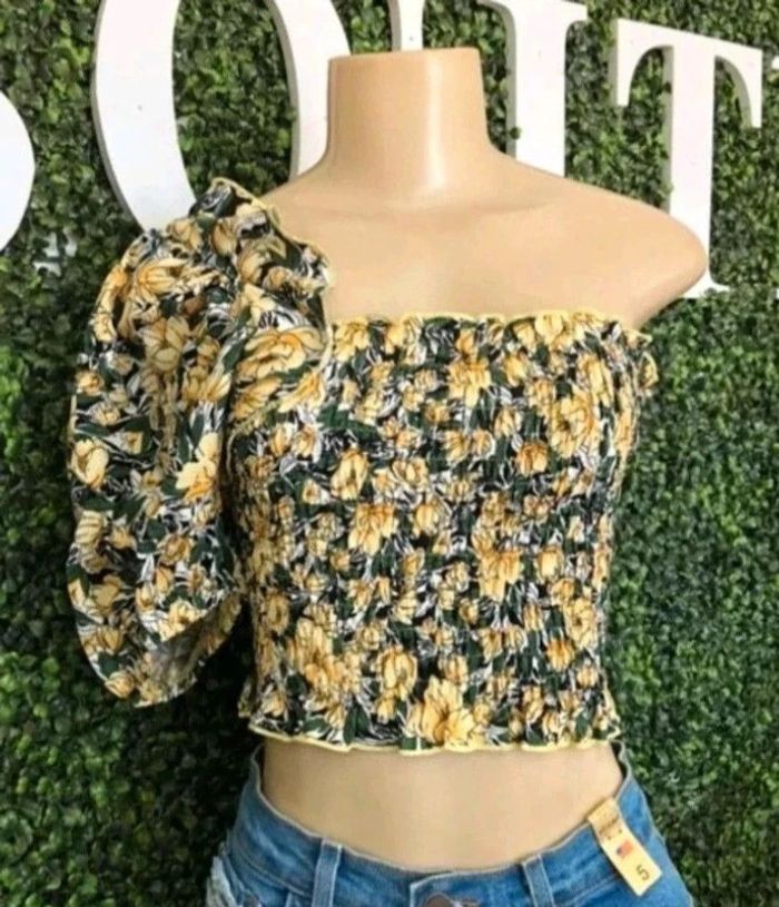 Crop top élastique fleuri jaune - photo numéro 2