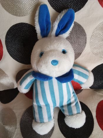 Doudou Lapin blanc et bleu rayé rayures corps  tissu bicolore vintage ancien  rayure rayé