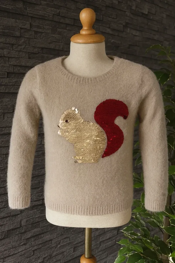 🤎🤍Adorable Pull fille 6 ans GEMO avec écureuil à sequins TBE 🤎🤍