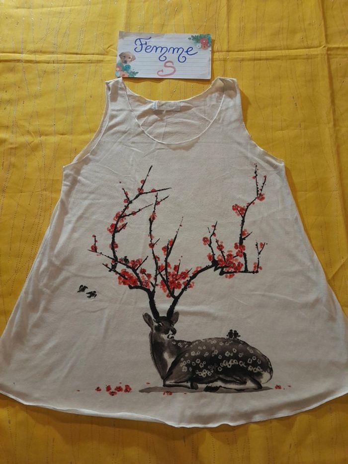 Débardeur ample blanc avec cerf fleuri 🪴 Printemps été 🏵 taille S