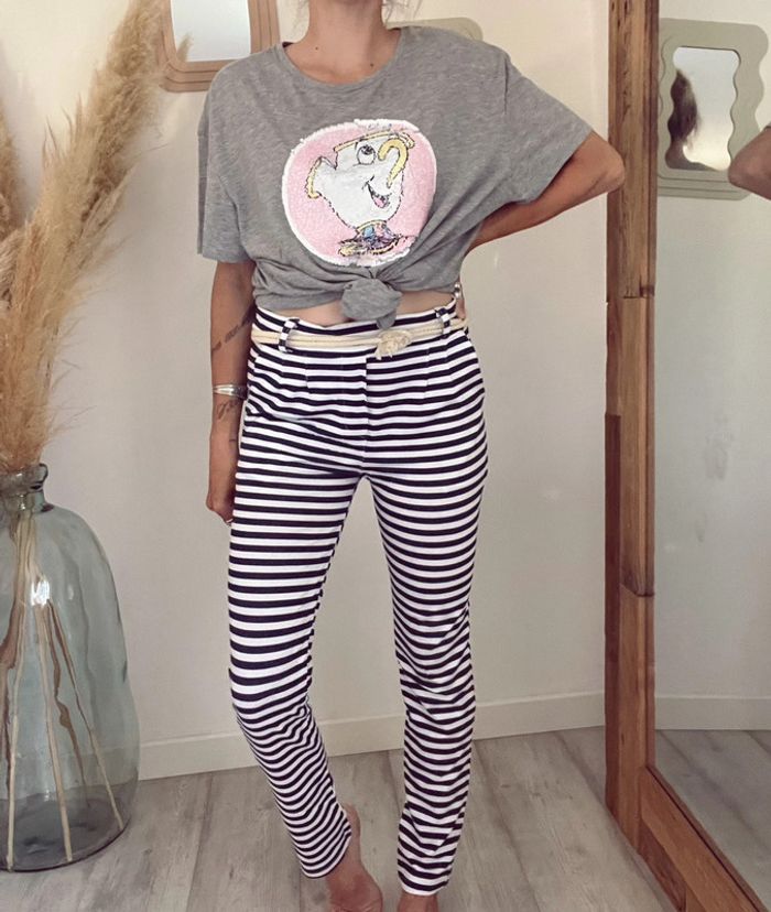 Pantalon à rayures marines et blanches légèr et corde - photo numéro 2