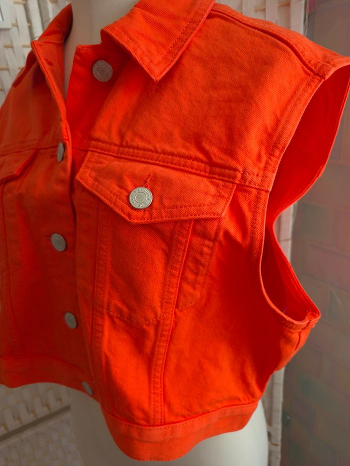 💕Jolie Veste en jean sans manches / Gilet cropped - BZB Orange  -femme  T.M 💕 - photo numéro 8
