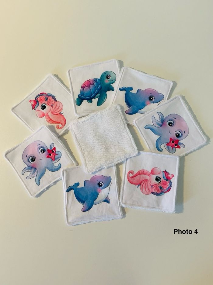 Lingettes lavables X8. Coton/éponge. Animaux marins