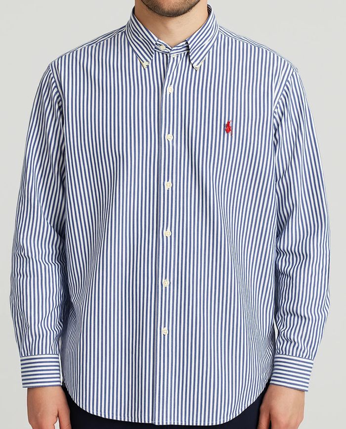 Chemise Ralph Lauren rayée bleu/blanc logo rouge brodé – Taille XXL (équivaut à un XL/Large ample)