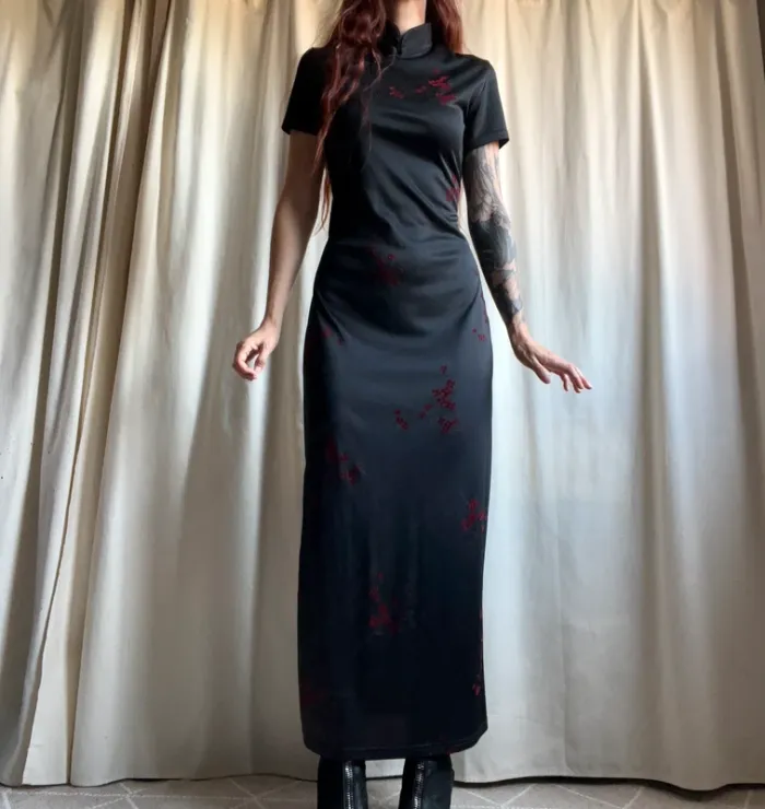 Robe longue style asiatique motifs fleuris Goth Whimsigoth vintage 90s - Taille M - photo numéro 4