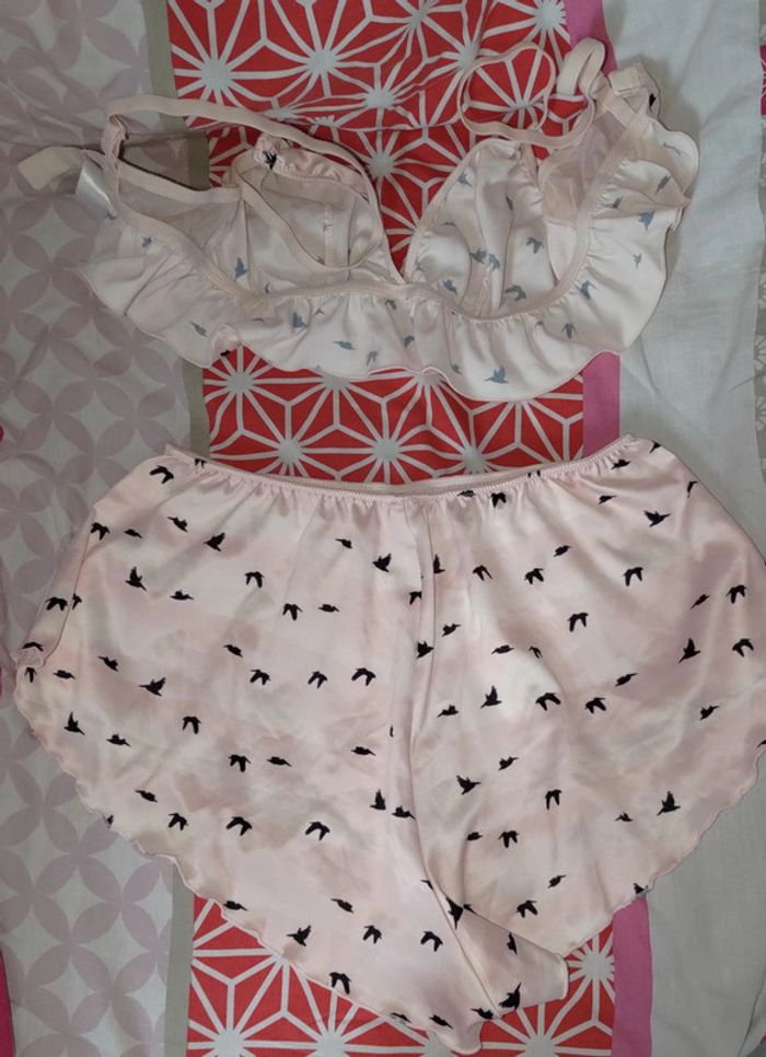 Pyjama deux pièce rose imprimé oiseaux effet soie - photo numéro 6