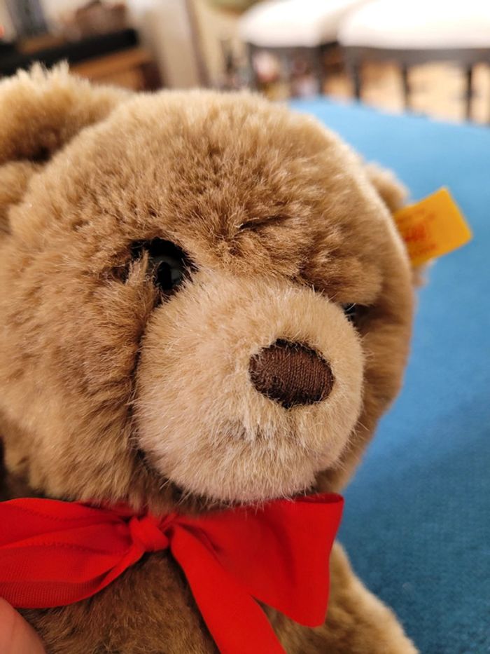 Peluche Ours brun articulé Steiff 26cm debout assis marron collection noeud rouge - photo numéro 3