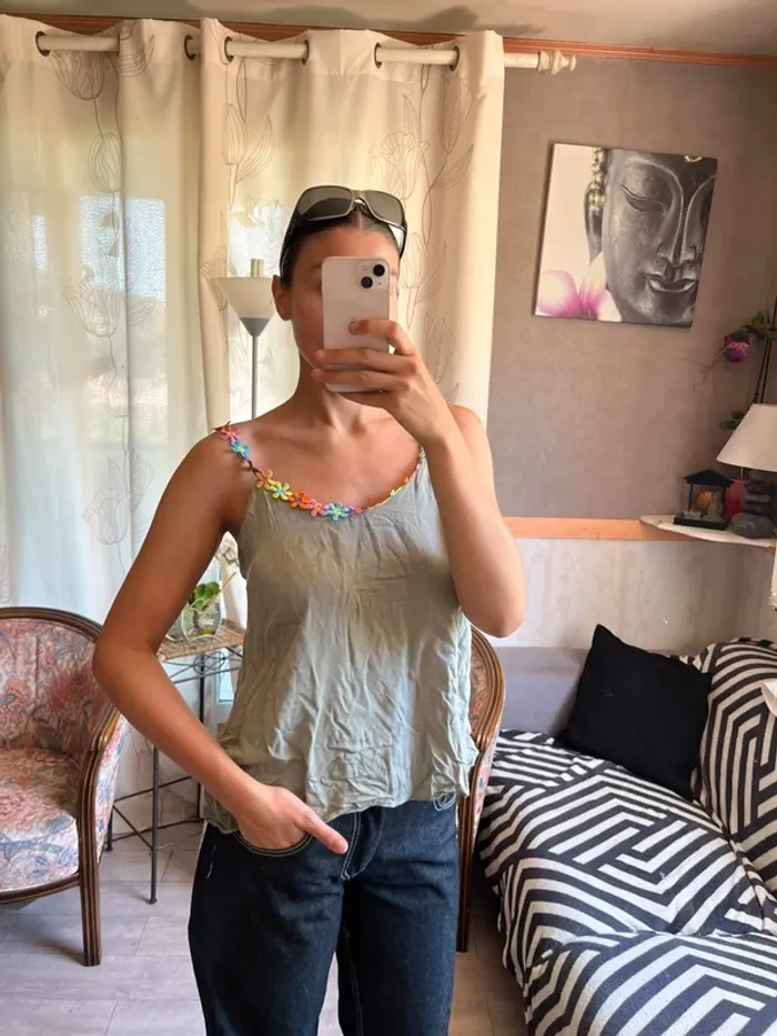 Débardeur fleurie coquette bohème champêtre lin - photo numéro 2