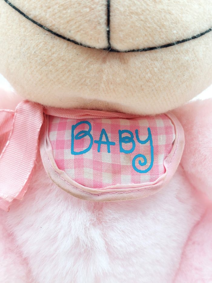 Vintage Peluche ancien doudou singe rose Geoffrey Toys are Us 1989 bavoir baby 23 cm - photo numéro 6