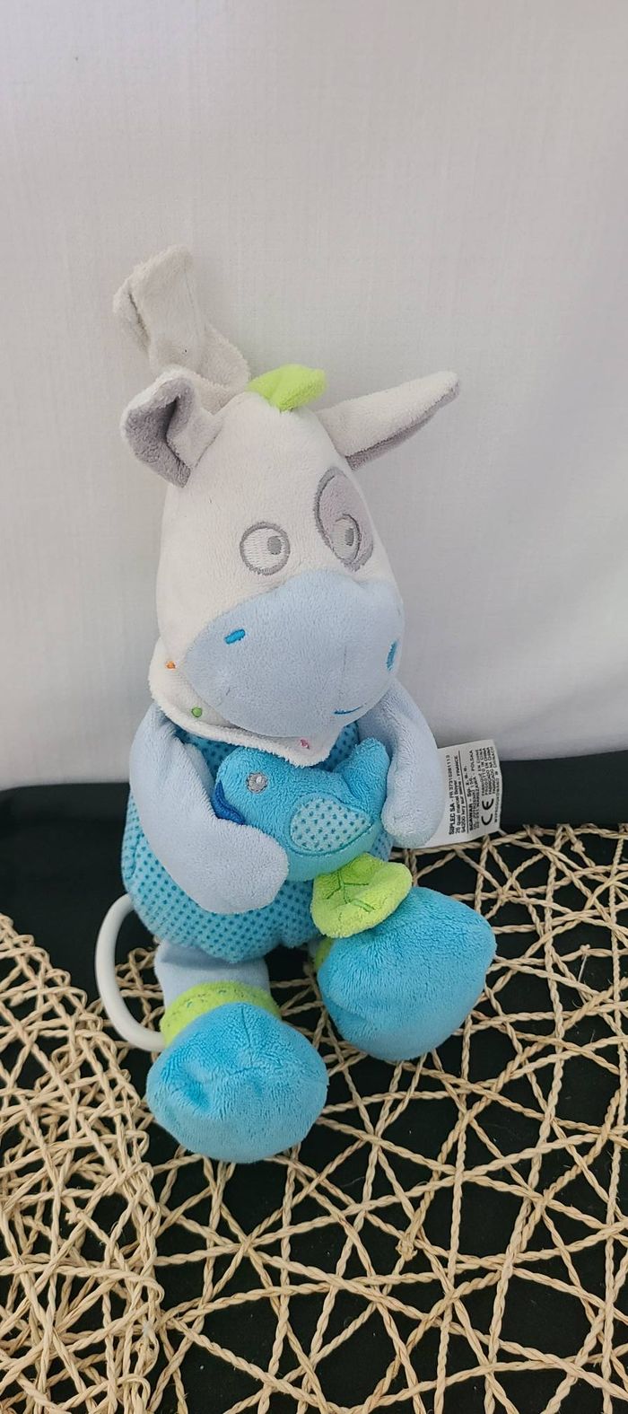 Mots d'enfants doudou âne cheval boîte à musique bleu blanc vert oiseau feuille bandana pois - photo numéro 3