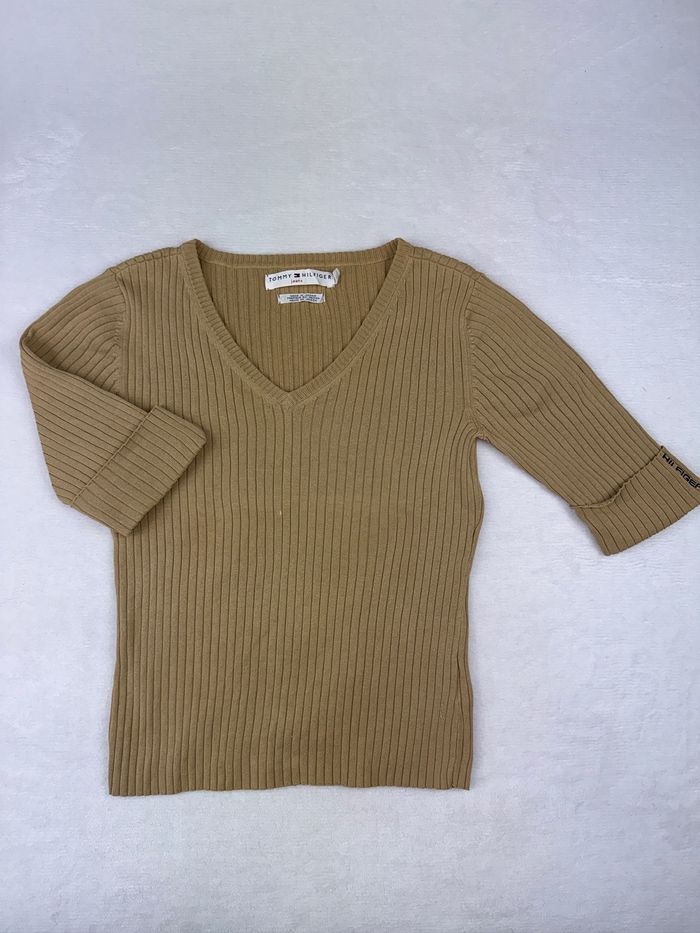 Pull côtelé Tommy Hilfiger femme beige col V Taille M Made in Japan #02125 - photo numéro 3