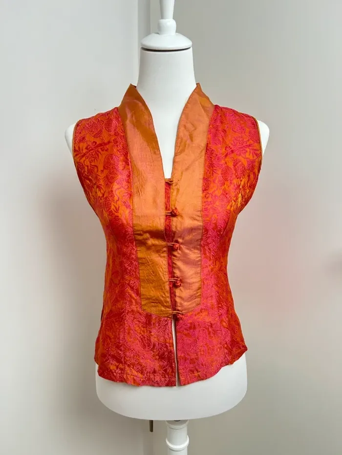 top vintage sans manches 100% soie – style asiatique – or/rose