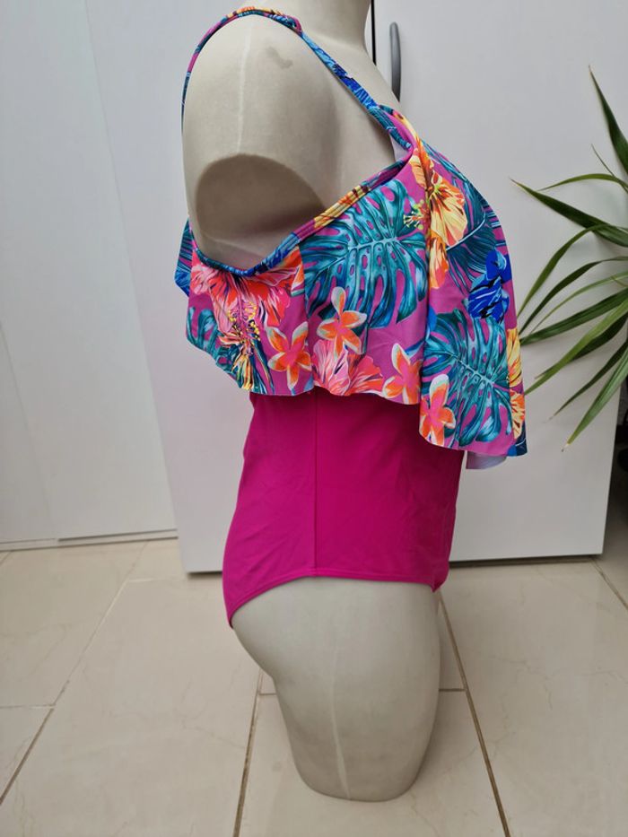 Maillot De Bain Une Piece Fuchsia Volants Imprimé Fleurs Hibiscus - photo numéro 9