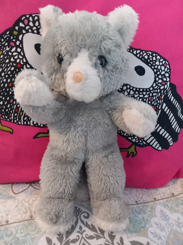 Peluche chat gris vintage aux yeux bleus 34cm - photo numéro 5