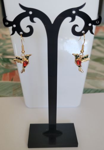 BOUCLES D'OREILLES COLIBRI OISEAU DORE STRASS ! NEUF !